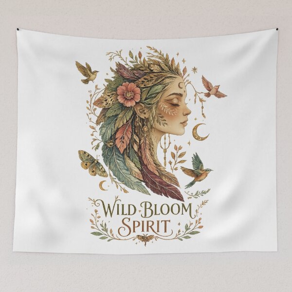Item preview, Wild Bloom Spirit Boho Feather Woman Celestial Nature Art Design Print designed and sold by inkoutninja.