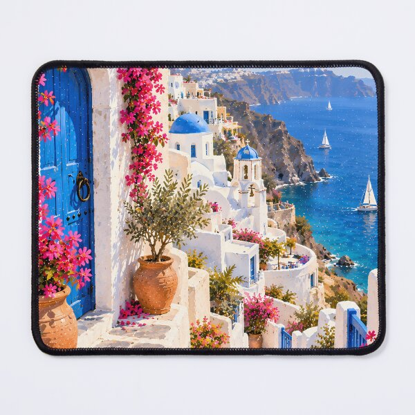 Item preview, Coastal Greek Village Oil Painting Bougainvillea Sea View designed and sold by Jozefin's Studio.