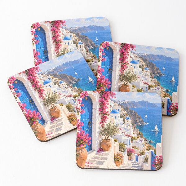 Item preview, Coastal Greek Village Oil Painting Bougainvillea Sea View designed and sold by Jozefin's Studio.