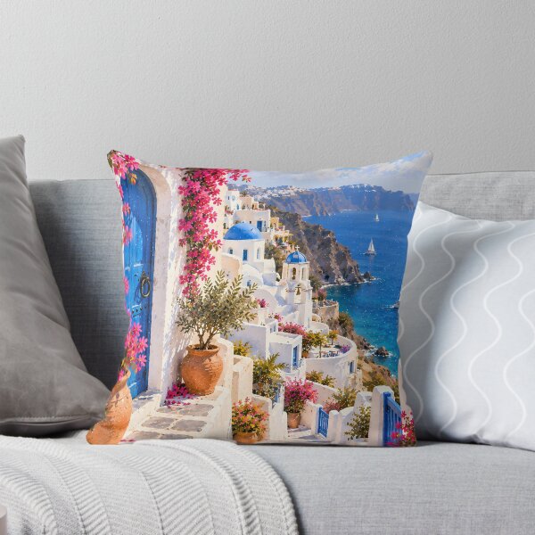 Item preview, Coastal Greek Village Oil Painting Bougainvillea Sea View designed and sold by Jozefin's Studio.