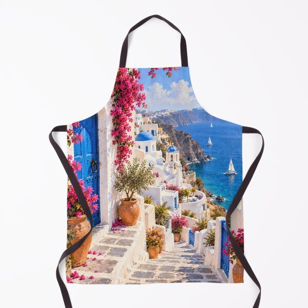 Item preview, Coastal Greek Village Oil Painting Bougainvillea Sea View designed and sold by Jozefin's Studio.