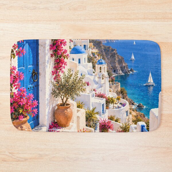 Item preview, Coastal Greek Village Oil Painting Bougainvillea Sea View designed and sold by Jozefin's Studio.