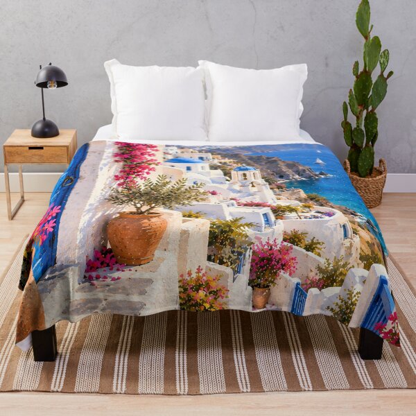 Item preview, Coastal Greek Village Oil Painting Bougainvillea Sea View designed and sold by Jozefin's Studio.