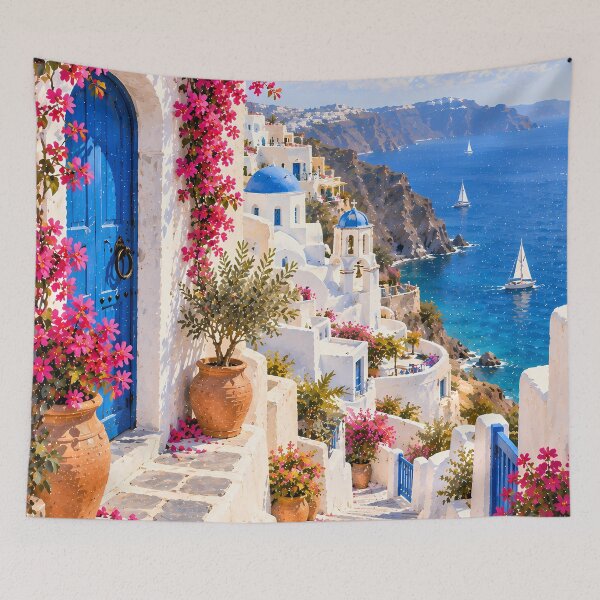 Item preview, Coastal Greek Village Oil Painting Bougainvillea Sea View designed and sold by Jozefin's Studio.