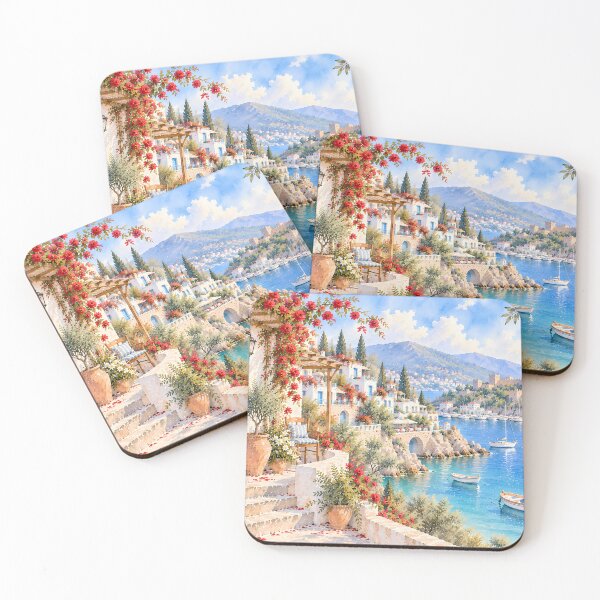 Item preview, Coastal Mediterranean Watercolour Seaside Village Red Bougainvillea designed and sold by Jozefin's Studio.
