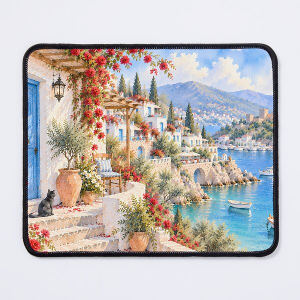 Item preview, Coastal Mediterranean Watercolour Seaside Village Red Bougainvillea designed and sold by Jozefin's Studio.