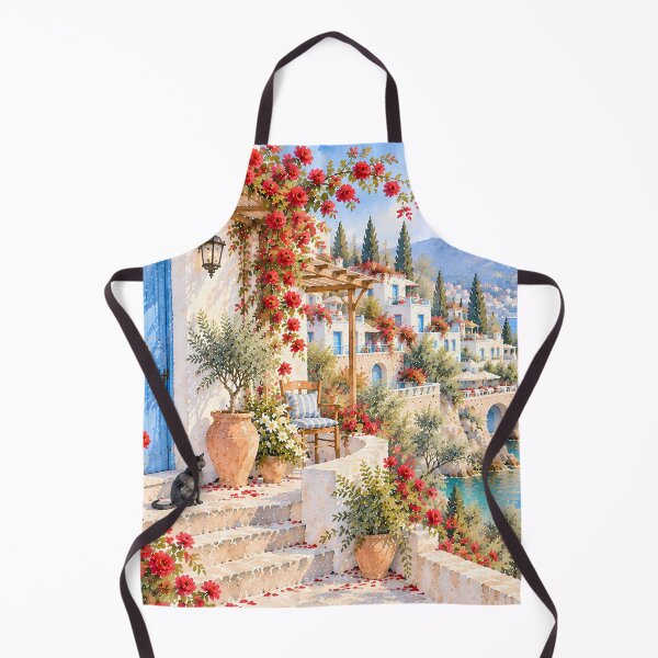 Item preview, Coastal Mediterranean Watercolour Seaside Village Red Bougainvillea designed and sold by Jozefin's Studio.