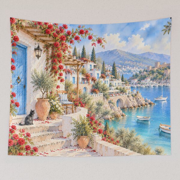 Item preview, Coastal Mediterranean Watercolour Seaside Village Red Bougainvillea designed and sold by Jozefin's Studio.
