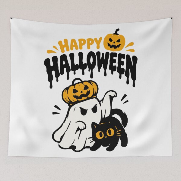 Item preview, Happy Halloween Cute Ghost and Black Cat designed and sold by mazyoy.