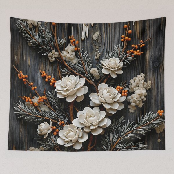 Item preview, White Succulent Flowers with Orange Berries – Rustic Botanical Winter Art Print designed and sold by Kaleidoscope Print.