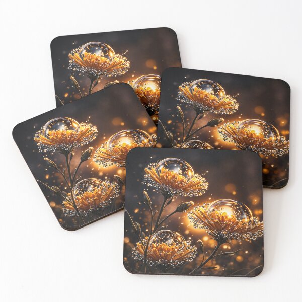 Artikelvorschau, Goldene Blüten mit kristallklaren Tautropfen – Leuchtender botanischer Fantasy-Kunstdruck entworfen und verkauft von Kaleidoscope Print.