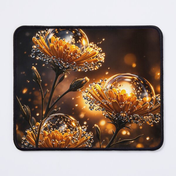 Item preview, Golden Flowers with Crystal Dew Drops – Glowing Botanical Fantasy Art Print designed and sold by Kaleidoscope Print.