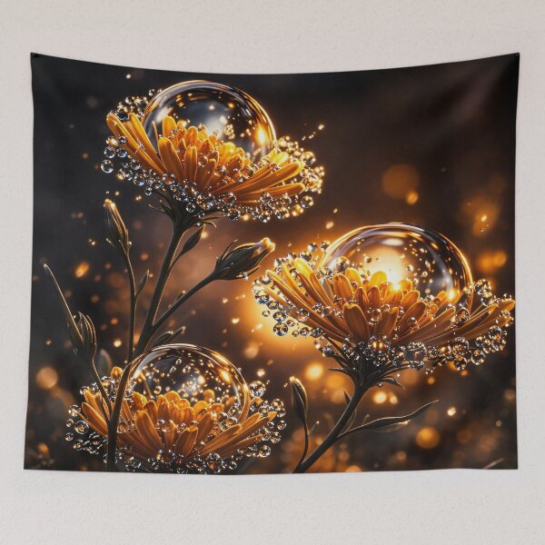 Item preview, Golden Flowers with Crystal Dew Drops – Glowing Botanical Fantasy Art Print designed and sold by Kaleidoscope Print.