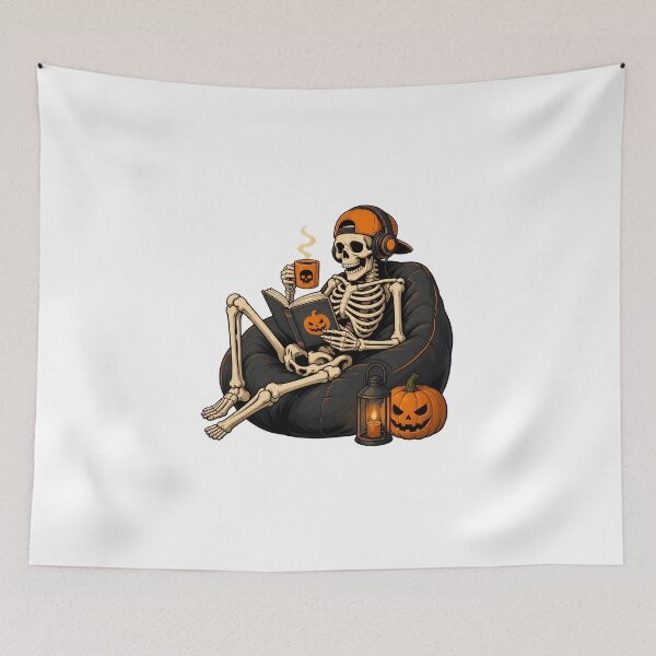 Item preview, Skeleton reading books Halloween Beanbag Pumpkin Energy Drink designed and sold by OlyvieArt.