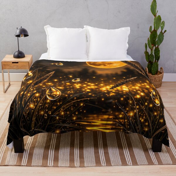 Item preview, Golden Moonlit Meadow with Glowing Dew Drops – Magical Night Nature Art Print designed and sold by Kaleidoscope Print.