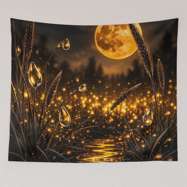 Item preview, Golden Moonlit Meadow with Glowing Dew Drops – Magical Night Nature Art Print designed and sold by Kaleidoscope Print.