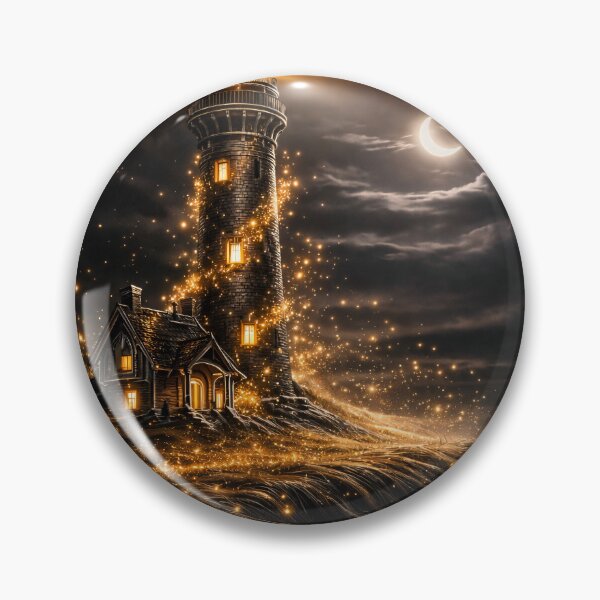 Item preview, Golden Lighthouse Under Crescent Moon – Magical Coastal Night Fantasy Art Print designed and sold by Kaleidoscope Print.