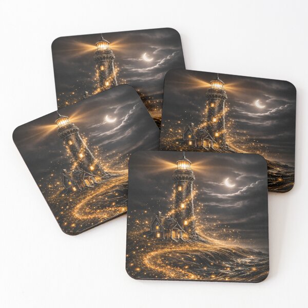 Item preview, Golden Lighthouse Under Crescent Moon – Magical Coastal Night Fantasy Art Print designed and sold by Kaleidoscope Print.
