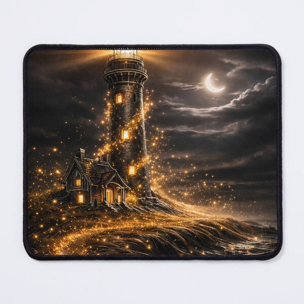 Item preview, Golden Lighthouse Under Crescent Moon – Magical Coastal Night Fantasy Art Print designed and sold by Kaleidoscope Print.