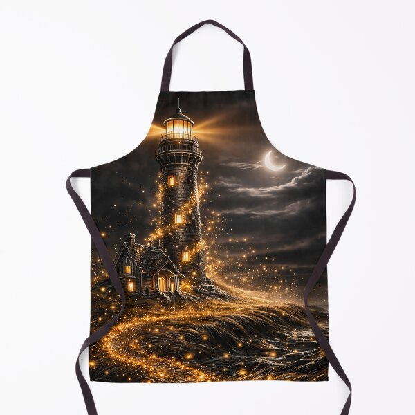 Item preview, Golden Lighthouse Under Crescent Moon – Magical Coastal Night Fantasy Art Print designed and sold by Kaleidoscope Print.