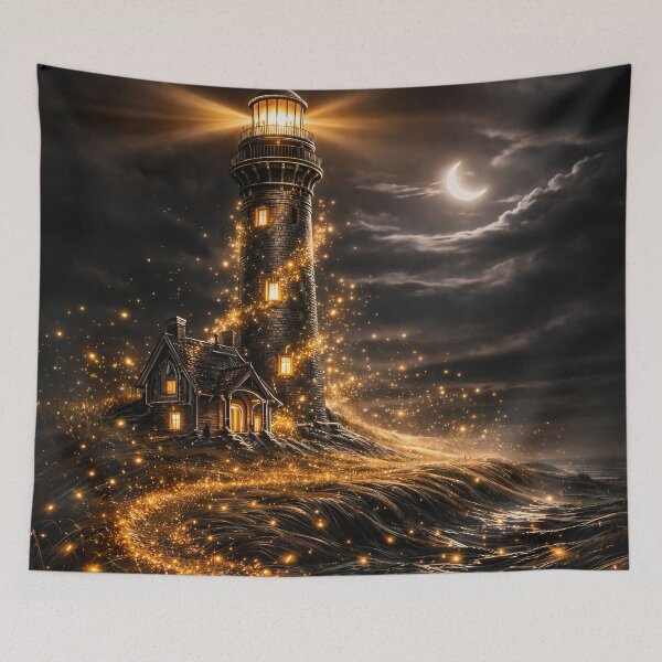 Item preview, Golden Lighthouse Under Crescent Moon – Magical Coastal Night Fantasy Art Print designed and sold by Kaleidoscope Print.