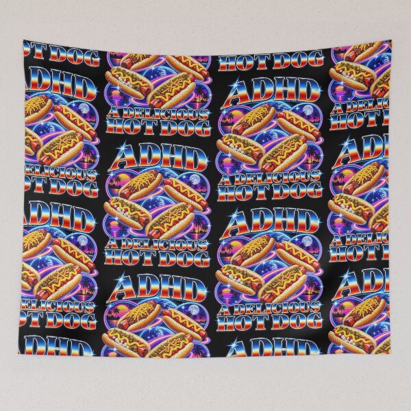 Item preview, ADHD A Delicious Hot Dog Retro Synthwave Funny Food Meme Design designed and sold by CaChimShop.