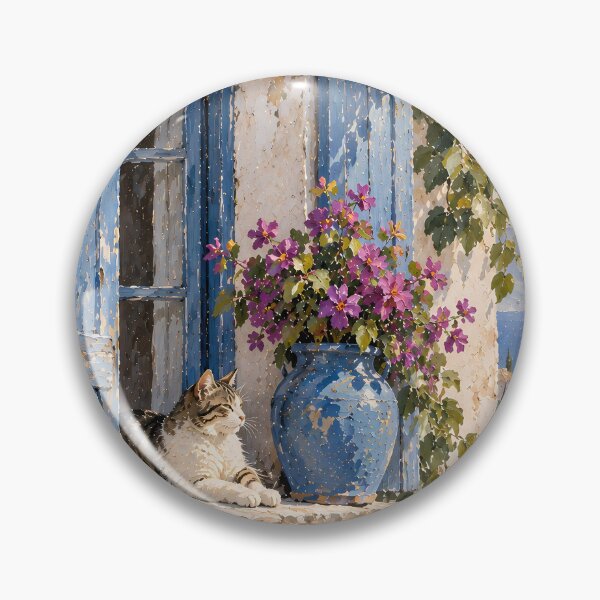 Item preview, Coastal Oil Painting Cat on Mediterranean Window Ledge designed and sold by Jozefin's Studio.