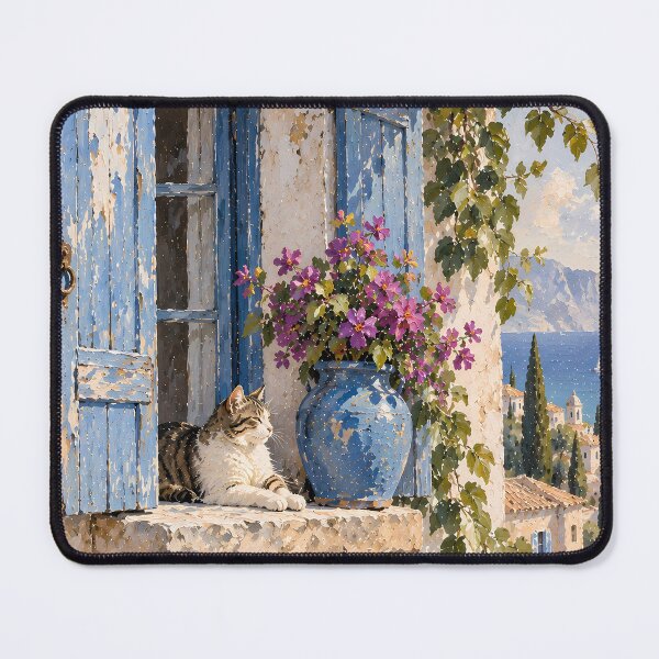 Item preview, Coastal Oil Painting Cat on Mediterranean Window Ledge designed and sold by Jozefin's Studio.