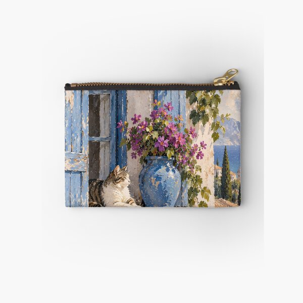 Item preview, Coastal Oil Painting Cat on Mediterranean Window Ledge designed and sold by Jozefin's Studio.