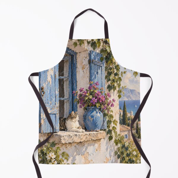 Item preview, Coastal Oil Painting Cat on Mediterranean Window Ledge designed and sold by Jozefin's Studio.