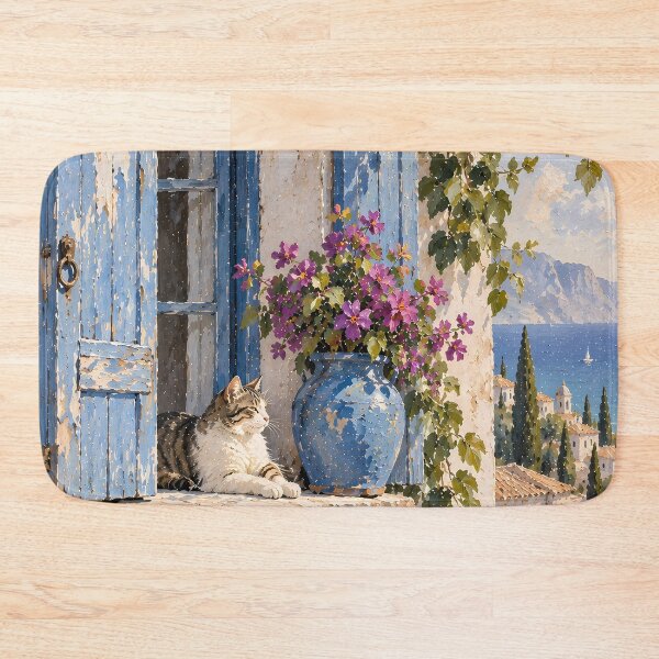 Item preview, Coastal Oil Painting Cat on Mediterranean Window Ledge designed and sold by Jozefin's Studio.