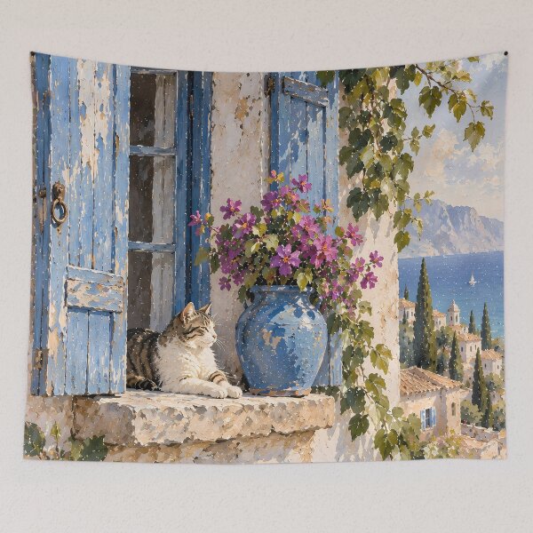 Item preview, Coastal Oil Painting Cat on Mediterranean Window Ledge designed and sold by Jozefin's Studio.