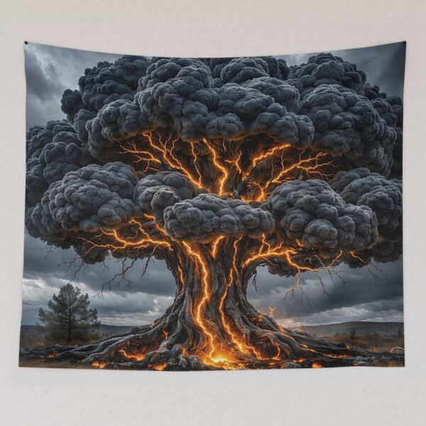 Item preview, Burning Lightning Tree Under Storm Clouds – Dark Fantasy Elemental Nature Art Print designed and sold by Kaleidoscope Print.