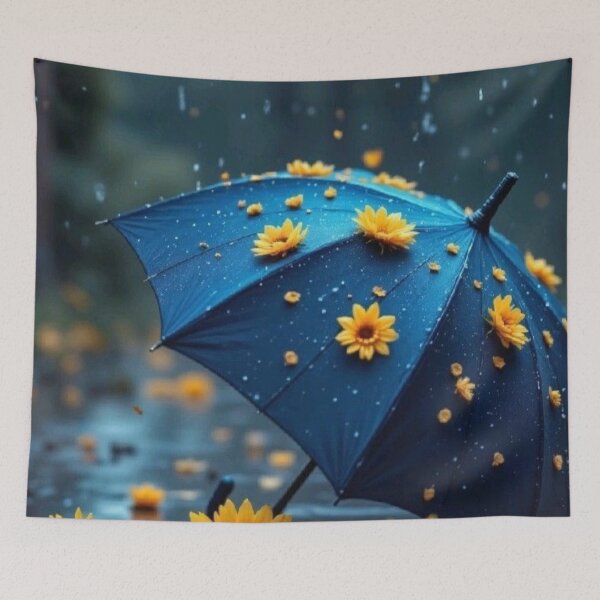 Item preview, Sunflowers and Blue Umbrella in Autumn Rain Aesthetic Nature Photography designed and sold by LYAN-STORE.