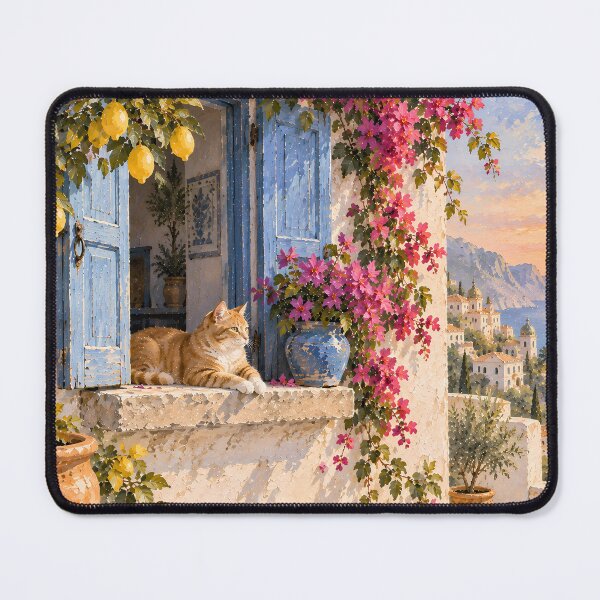 Item preview, Coastal Mediterranean Cat Doorway Oil Painting Sunset designed and sold by Jozefin's Studio.