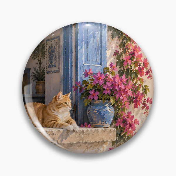 Item preview, Coastal Mediterranean Cat Doorway Oil Painting Sunset designed and sold by Jozefin's Studio.