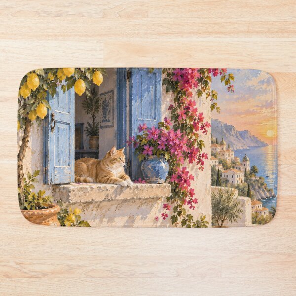 Item preview, Coastal Mediterranean Cat Doorway Oil Painting Sunset designed and sold by Jozefin's Studio.