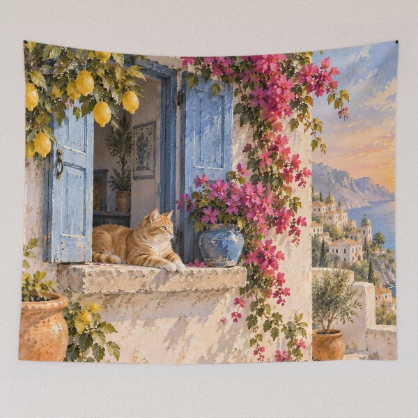 Item preview, Coastal Mediterranean Cat Doorway Oil Painting Sunset designed and sold by Jozefin's Studio.