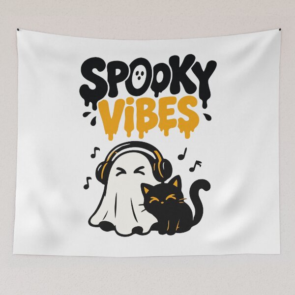 Item preview, Spooky Vibes Ghost n Black Cat Chilling Halloween Nigh designed and sold by mazyoy.