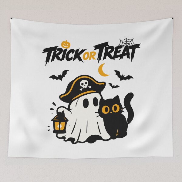 Item preview, Trick Or Treat Cute Ghost With Black Halloween Cat designed and sold by mazyoy.