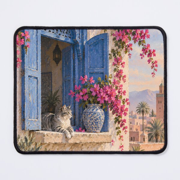 Item preview, Boho Moroccan Cat Window Oil Painting Bougainvillea designed and sold by Jozefin's Studio.