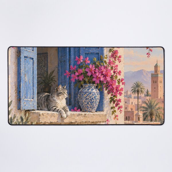 Item preview, Boho Moroccan Cat Window Oil Painting Bougainvillea designed and sold by Jozefin's Studio.