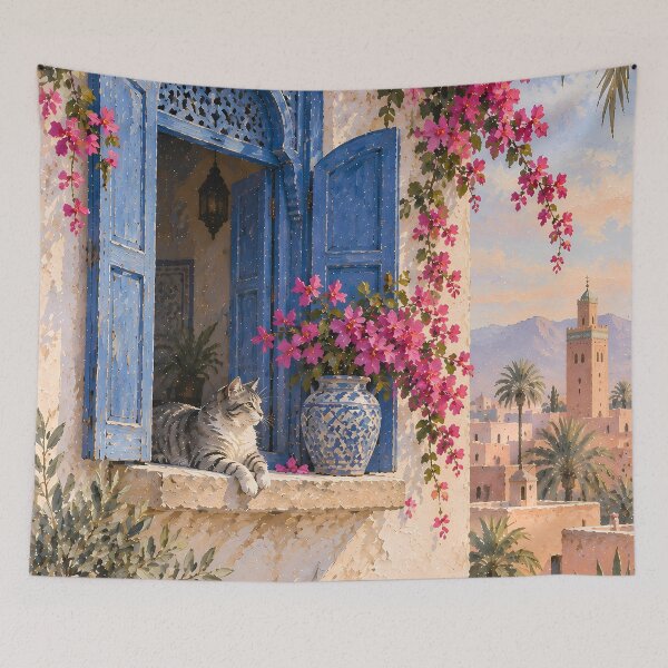Item preview, Boho Moroccan Cat Window Oil Painting Bougainvillea designed and sold by Jozefin's Studio.