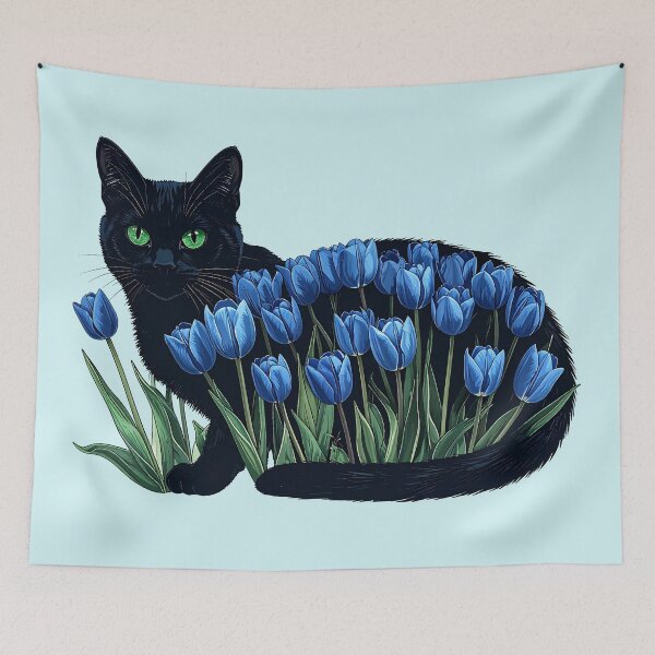 Item preview, Black Cat Blue Tulips Witchy Botanical designed and sold by Litely.