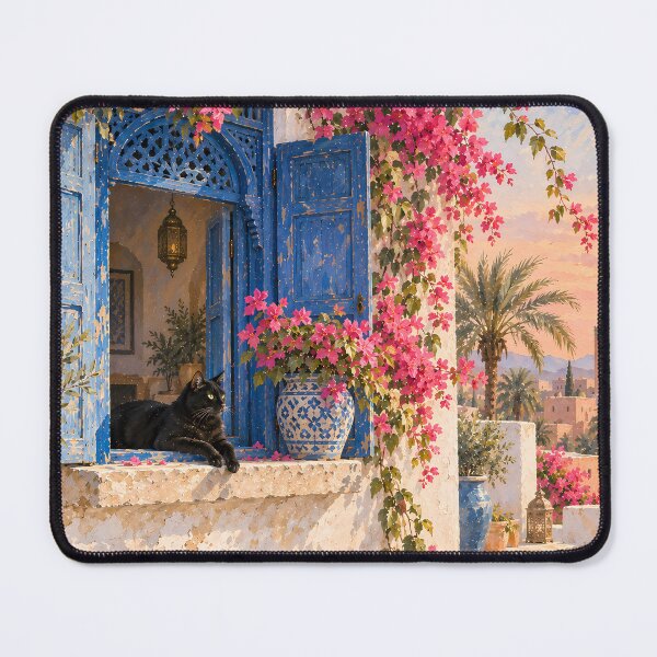 Item preview, Boho Moroccan Doorway Cat Bougainvillea Oil Painting designed and sold by Jozefin's Studio.