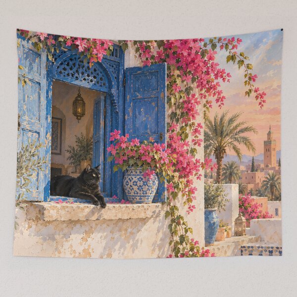 Item preview, Boho Moroccan Doorway Cat Bougainvillea Oil Painting designed and sold by Jozefin's Studio.