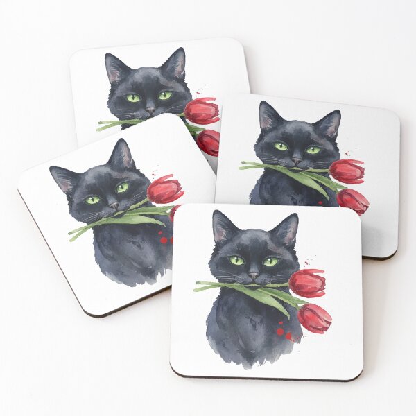 Item preview, Black Cat Red Tulip Romantic Watercolor Goth designed and sold by Litely.