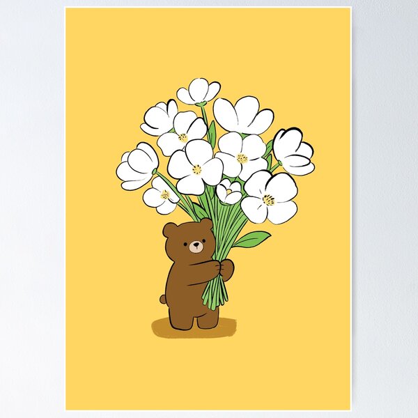 Item preview, Little Bear with a Bouquet of Flowers - Yellow background designed and sold by PlainMaddiShop.