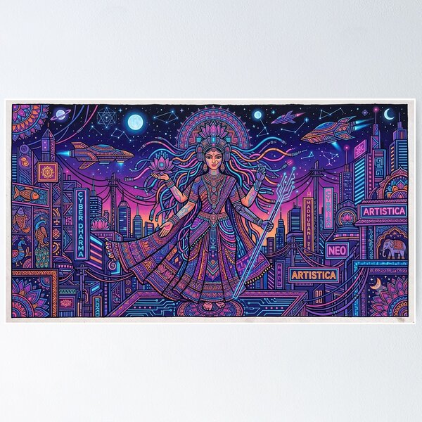Item preview, Title: Cyber Dharma - Futuristic Cyberpunk Madhubani Goddess Art designed and sold by robertronda1.