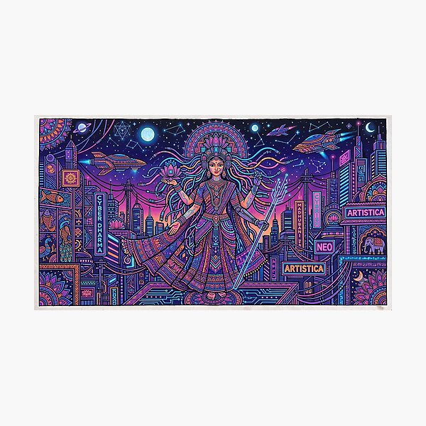 Item preview, Title: Cyber Dharma - Futuristic Cyberpunk Madhubani Goddess Art designed and sold by robertronda1.